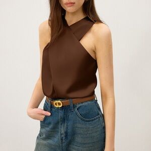 Commense Satin Cross-Over Collar Tank Top